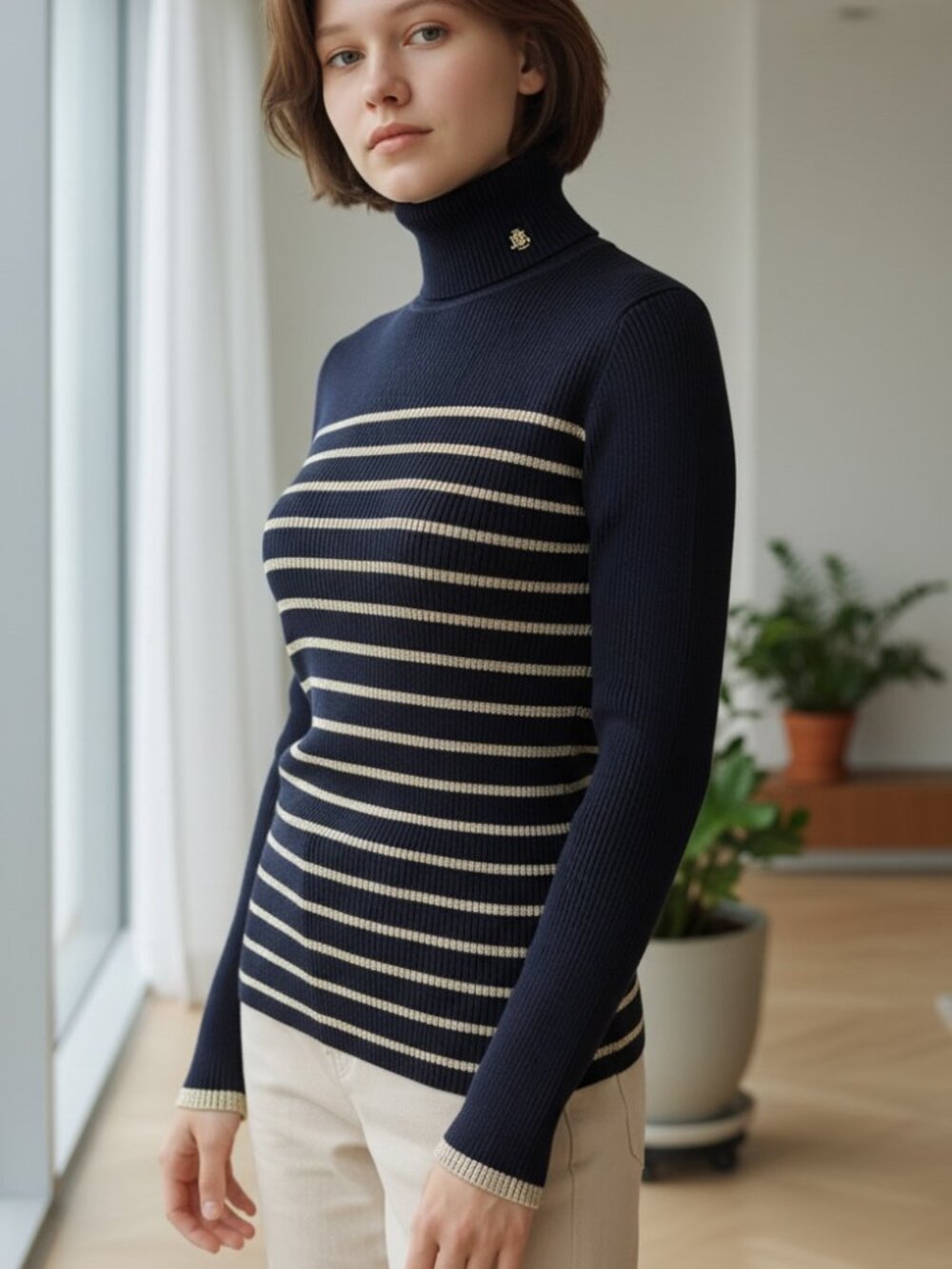 NWT RL Metallic Stripe ribbed turtleneck Logo top/sweater S